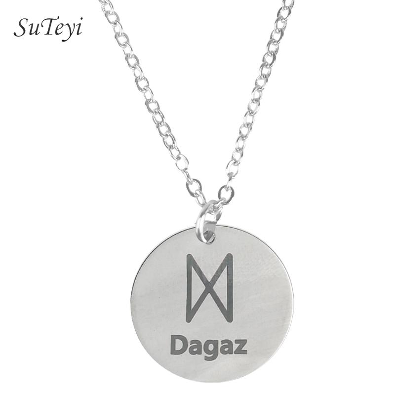 Round 25 Rune Letter Pendant Necklace Silver Color Stainless Steel Disc Viking Necklaces For Women Men