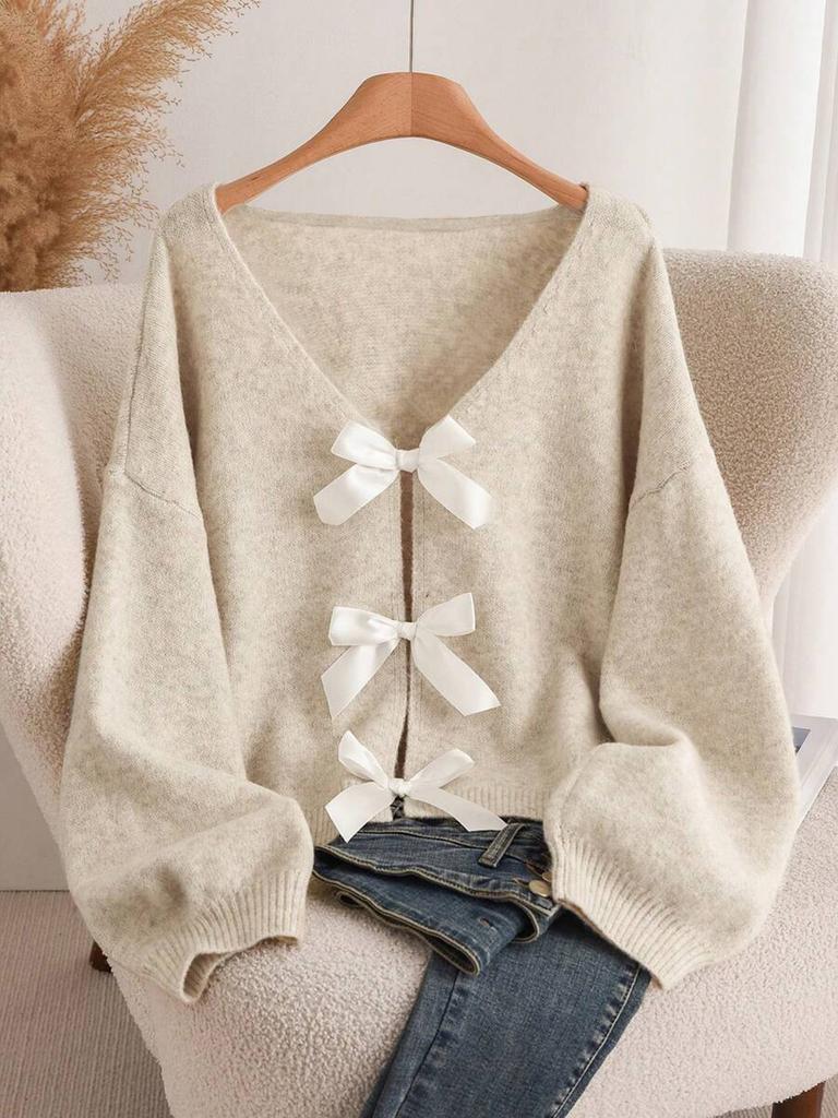 Design bow knitted cardigan autumn and winter new loose versatile lazy style knitted sweater