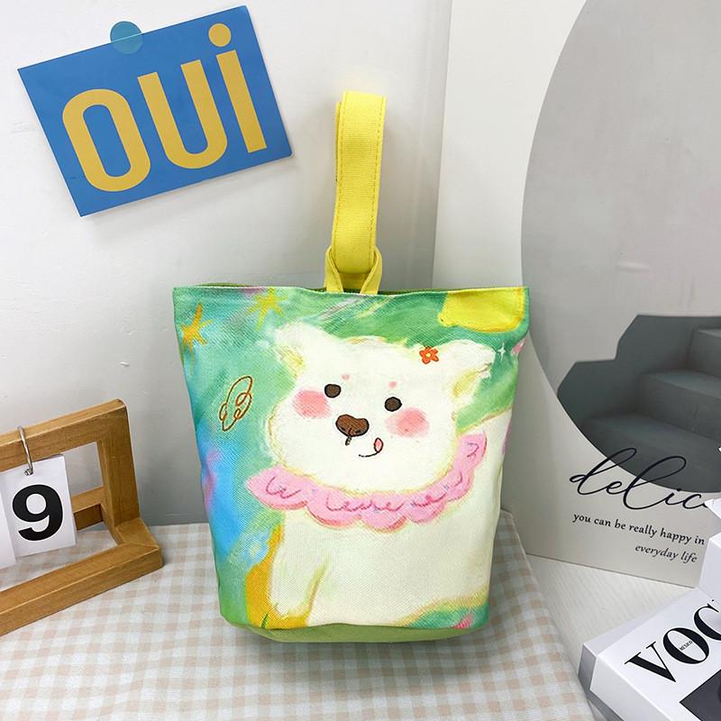 Charming Cartoon Printed Medium Canvas Handbag Unique Bucket Style Mom Bag