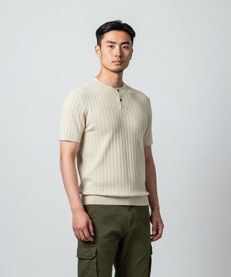 Pentaon 2-Button Henley Neck Ribbed Short Sleeve Knit T-Shirt