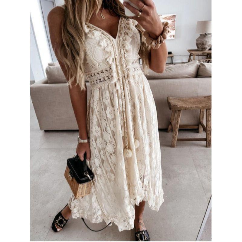 Summer New Arrival European and American Sexy V-neck Lace Cut-out Ruffled Irregular Swing Sling Dress Dress for Women