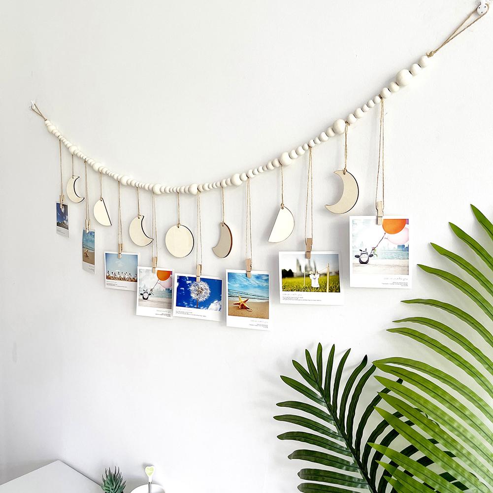 130cm Photo Garland With Wooden Beads Moon Tags 3 Sizes Wall Mounted Photo Clip String For Bedroom Office Dorm Party Decor