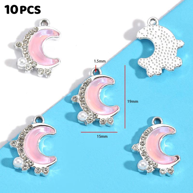 10 Pieces Assorted Alloy Pendants, Pink Resin Rhinestone Star Moon Design, DIY Jewelry Making for Necklaces & Bracelets
