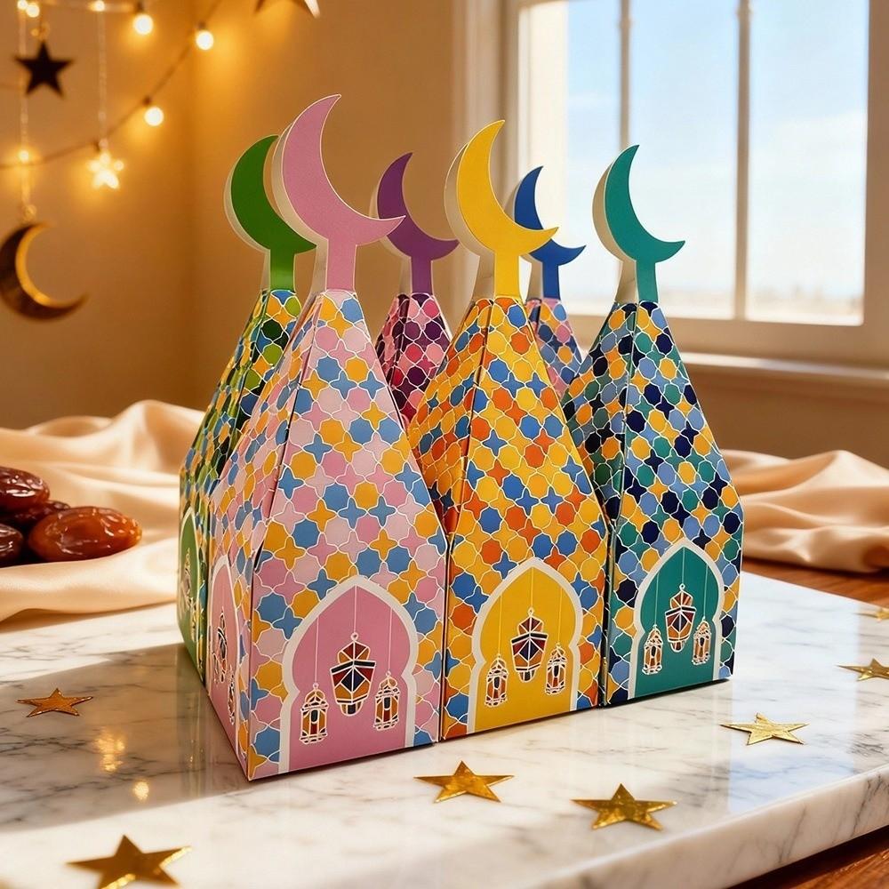 12Pcs Moon Castle Pattern Eid Mubarak Gift Box Paper Moon Lantern Box Treat Box  Home Decoration