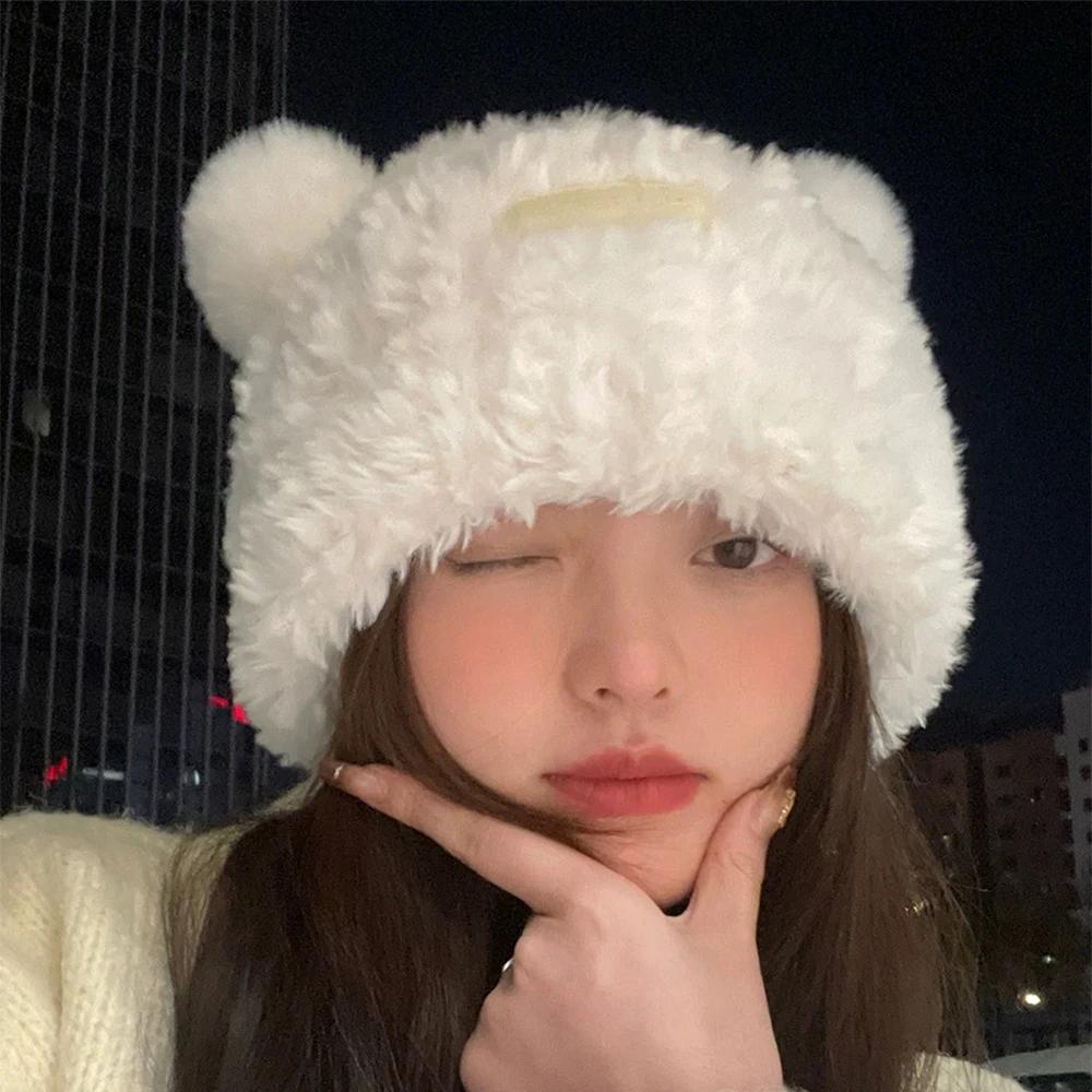 Beanie Hat Cute Plush Bear Knitted Hat Solid Color Casual Ear Protection Cap Winter Warm Coldproof Women Hats Sweet Popular Hat