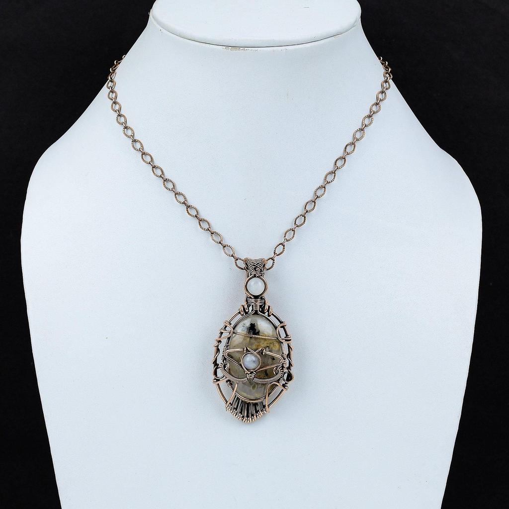 Evil Eye Plume Agate Pendant Copper Wire Wrapped Pendant Rainbow Moonstone Pendant Unique Evil Eye Jewelry Handmade Pendant Gemstone Pendant