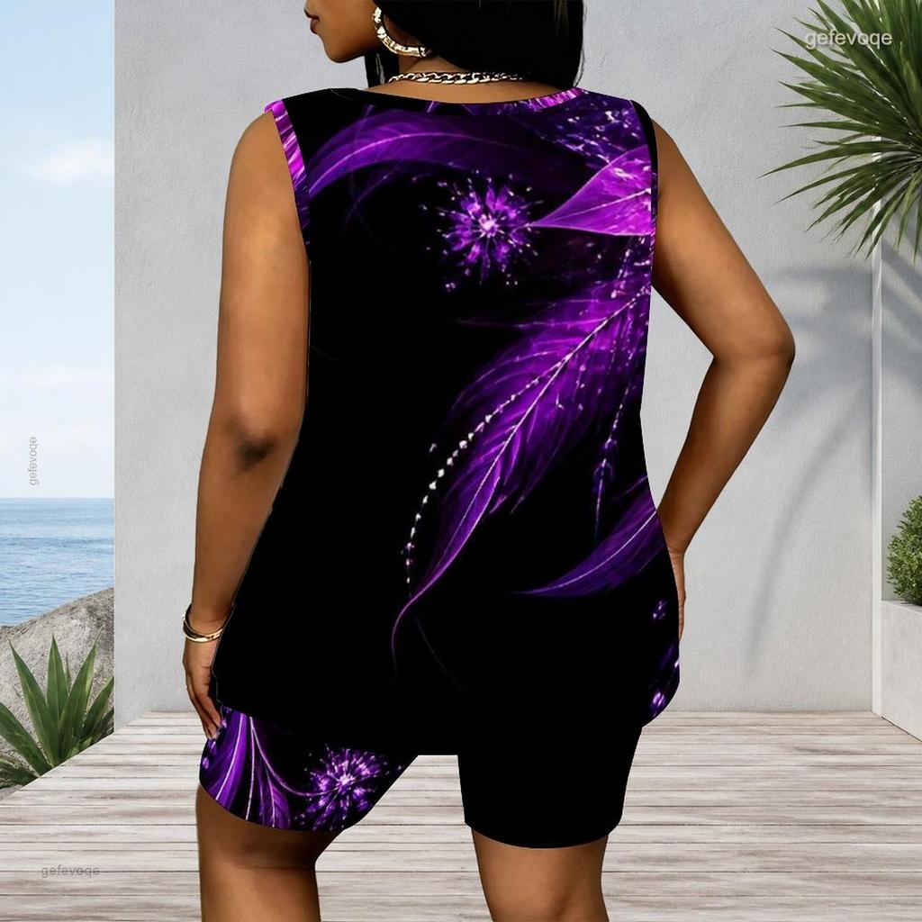 Women Plus Size Blue Black Abstract Printed Scoop Neck Sleeveless Tank Top Fitted Shorts Two Piece Set