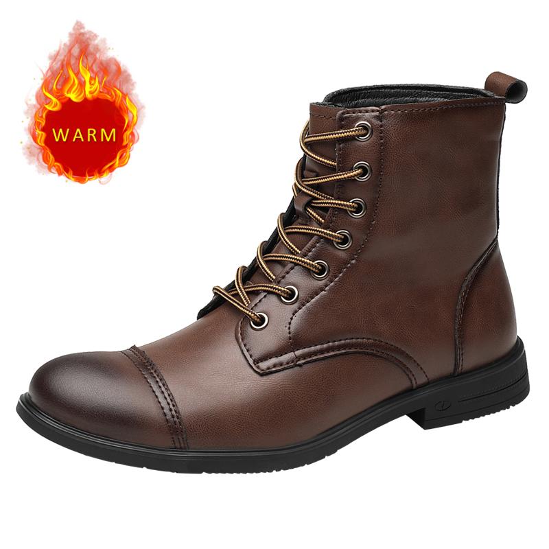 Street Fashion Knight Boots Handsome Motorcycle Boots Men's High Top Leather Boots Winter Warmth Plush Men's Outdoor Boots