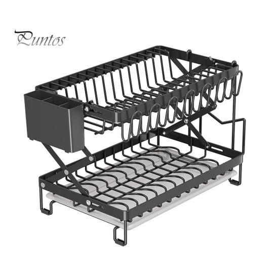 Drain Dish Rack with Wine Glass Holder Strong Load-bearing Height Adjustable 2-Tier Kitchen Counter Drying Rack Utensil Holder