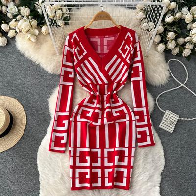 Frühling Herbst V-ausschnitt Geometrie Muster Gestrickte Pullover Kleider Frauen Volle Hülse Mini Slim Bodycon Bleistift Kleid
