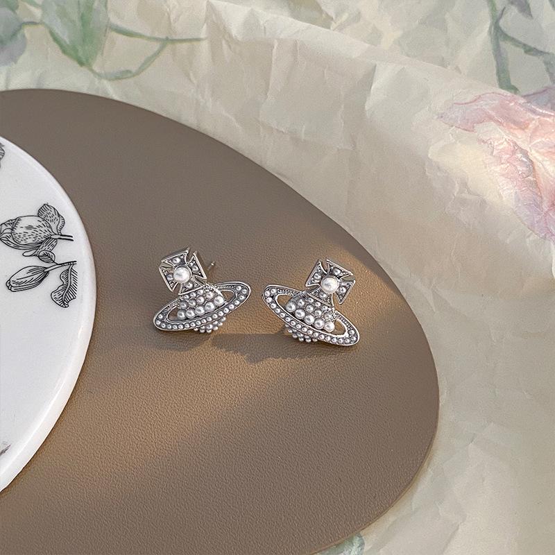 Gold Electroplated Saturn Cross Pearl Earrings - Exquisite High-End Design Inspired by Empress Dowager Cixi