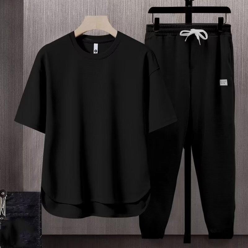 

Мужской летний простой повседневный комплект футболка с коротким рукавом + брюки, комплект из двух предметов 3XL чёрный