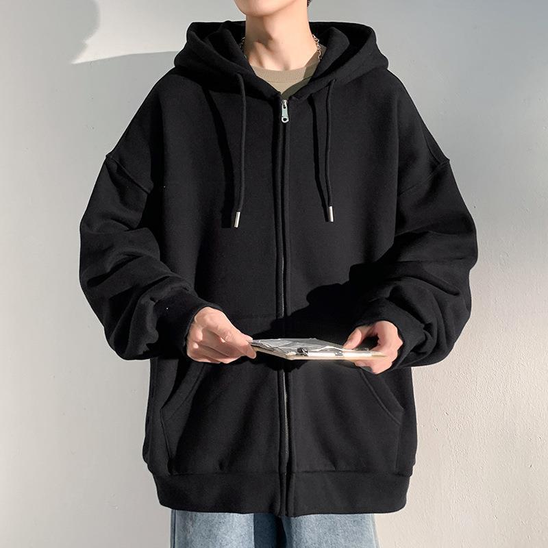 Men's Hong Kong Fashion Zip-Up Cardigan: Loose Hooded Jacket, Trendy Autumn Solid Color Top