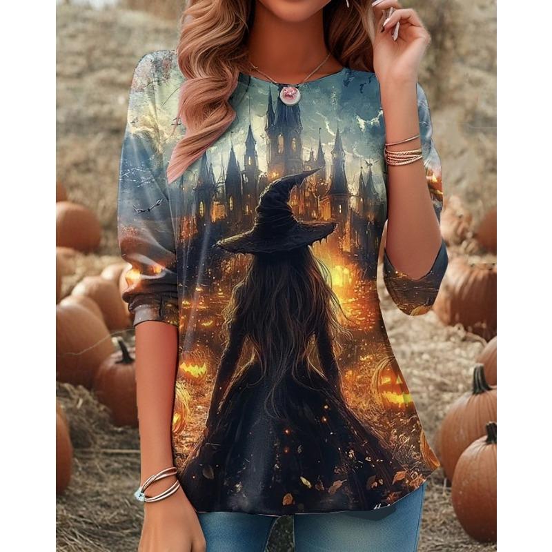 Witch Festival Outfit Women's Halloween Dark Style Printed Long Sleeve Shirt Polyester Comfortable Long Sleeve