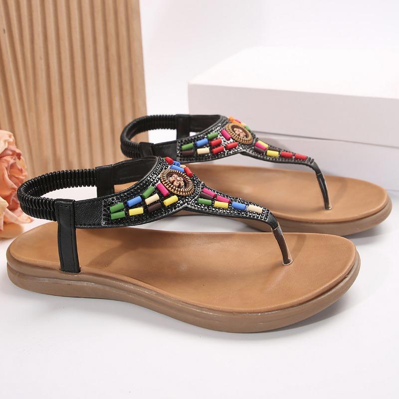 Large Size Sandals Women's New Flat-bottomed Pinch Feet Retro Casual Beaded Bohemian Shoes