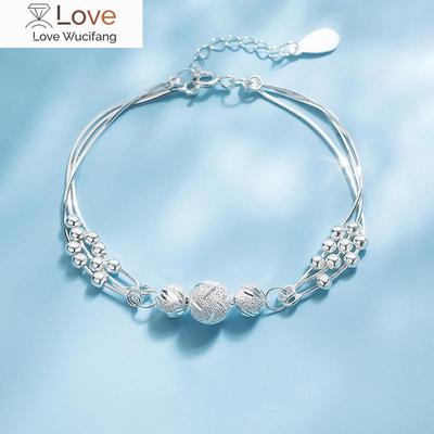 Bracciale Rigido a Strati Multipli in Argento Sterling 925 con Charm a Perline Rotonde per Donne Ragazze Festa Gioielli di Moda Bohemien