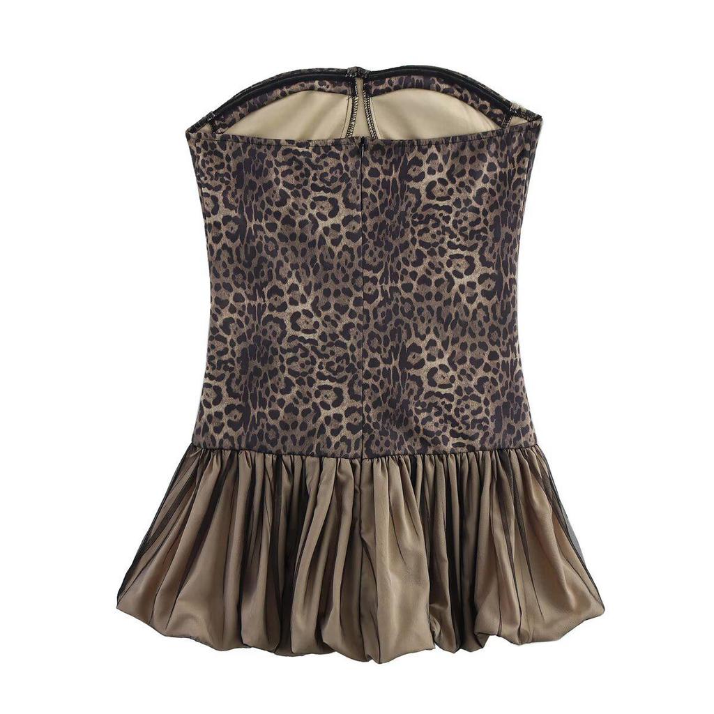 2025 Spring Women's European & American Style Leopard Print Strapless Puff Skirt