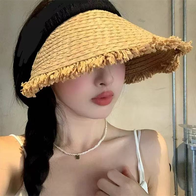 Summer Straw Woven Foldable Raffia Rough Edge Big Brim Sun Protection Hat Women's Summer Travel Shading and UV Protection