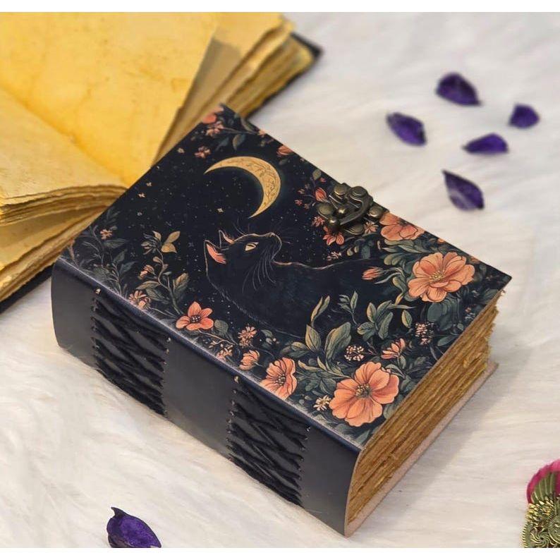 Black Cat Moon Journal | Handmade Vintage Diary with Lock | Witchy Notebook | Grimoire Journal | Book of Shadows | Leather Journal