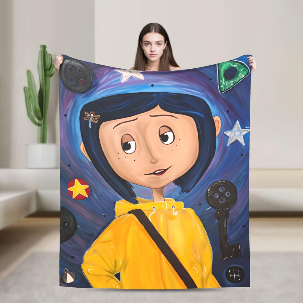 Coralines Animated Movie Blanket  Travel Flannel Throw Blanket For Living Room Warm Soft Custom DIY Quality Bedspread Gift Idea