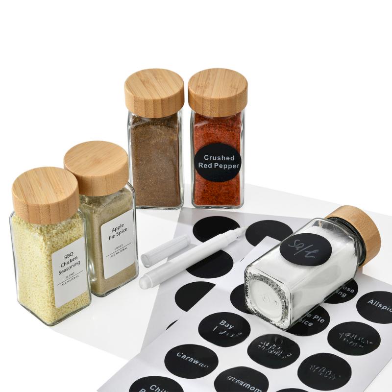 12pcs Wood Cover Glass Spice Jars Square Transparent Seasoning Storage Bottles Kitchen Salt Spices Ground Pepper Sealing Tools