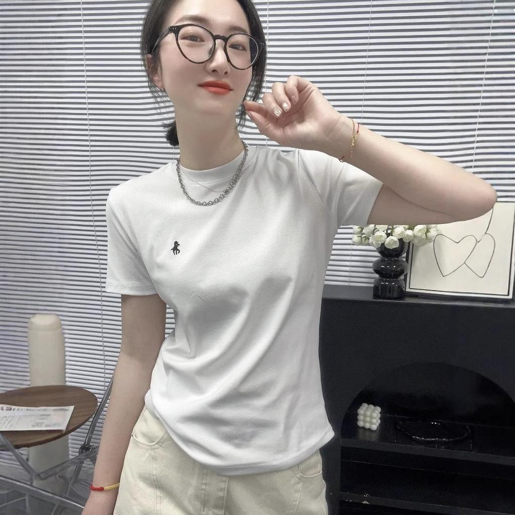 Women's Spring 2025 Embroidered Round Neck Slim Short Sleeve Top