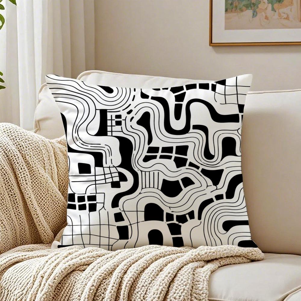 Black Abstract Stripe Cushion Cover Breathable Short Plush Cushion Covers Machine Washable Wrinkle-Resistant Soft Durable