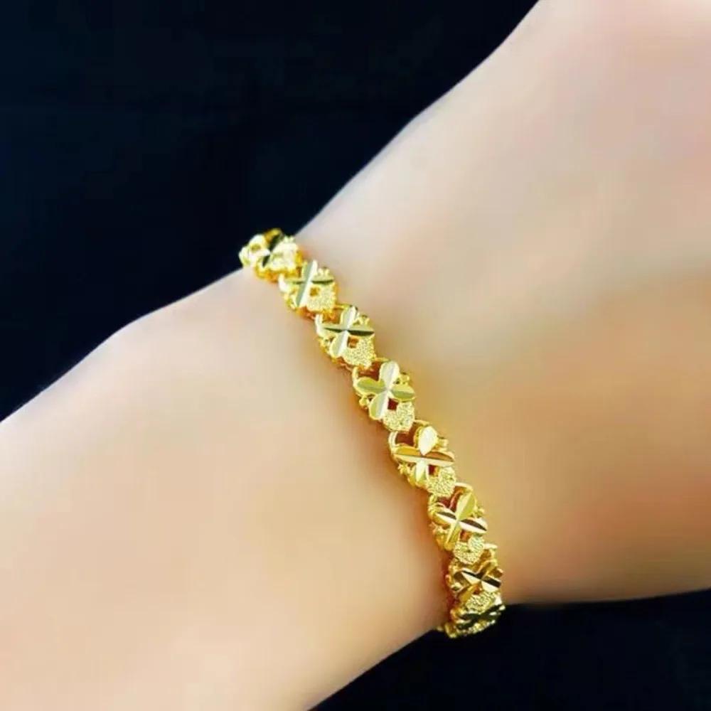 

Delicate Love Heart Golden Bracelet Alloy Flower Hollow Bracelet Ornaments Hand Chain Chinese Style Bangles Ladies