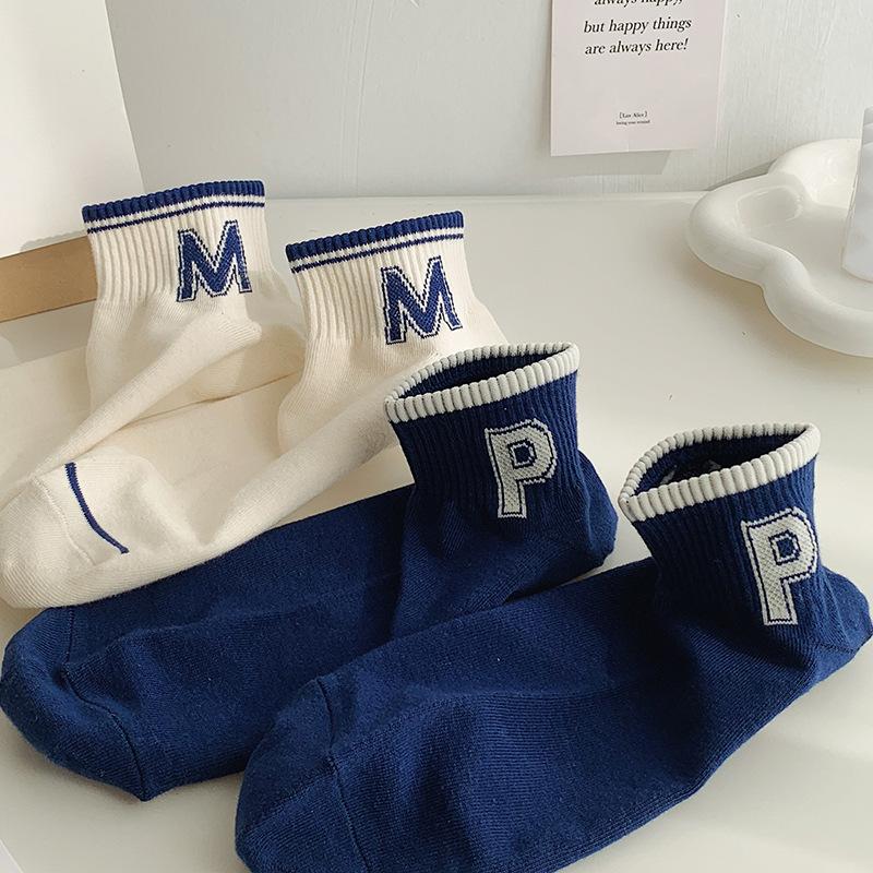 Blue Short Socks, Women's Spring and Summer Thin Letter Striped Short Socks, Casual and Versatile Sports Socks, Boat Socks, Letter Boat Socks