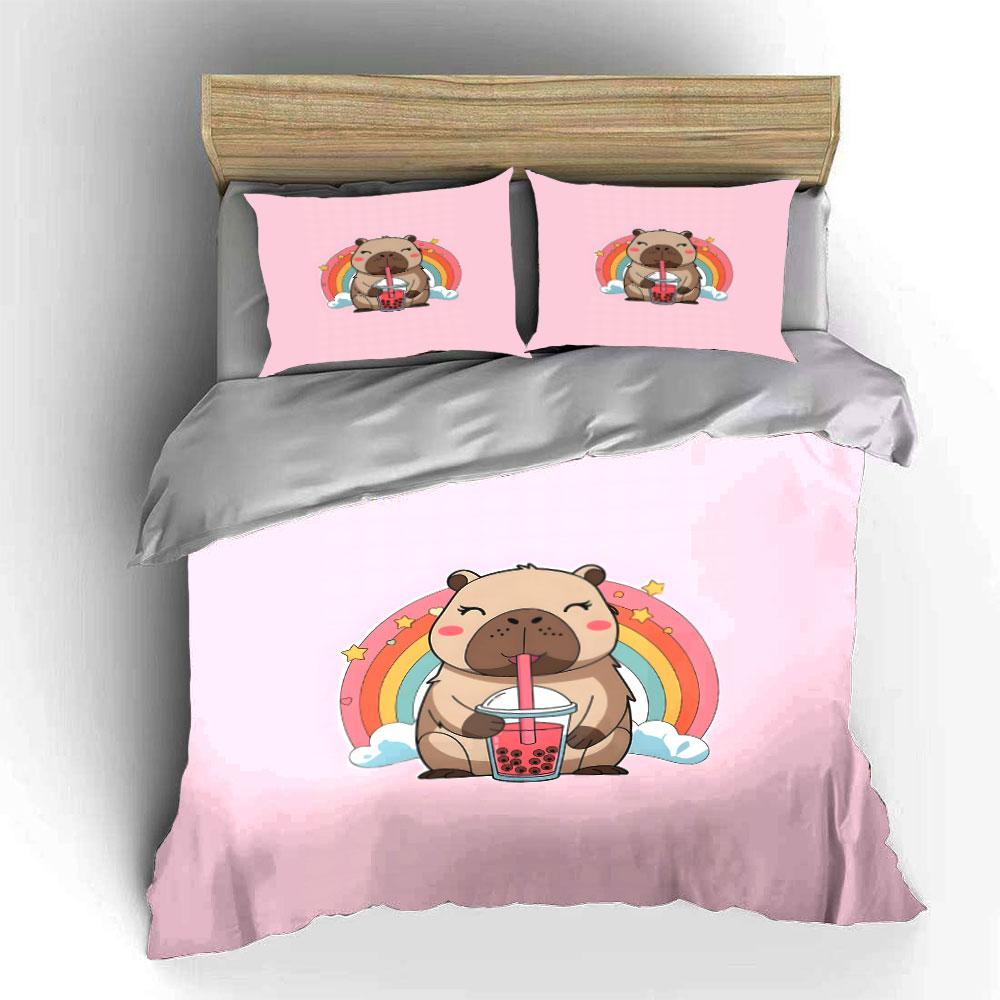 Adorable Capybaras Drinking Milk Tea Bedding Set For Kids Luxury Gift 3Pcs Digital Print Comforter Set Soft Comfortable