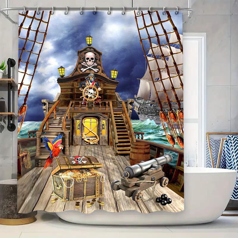 

High-Quality Waterproof Shower Curtain Featuring Pirate Ship With Treasure Chests Perfect For Nautical Themed Bathroom Decor W60H190(CM)-1 Pcs