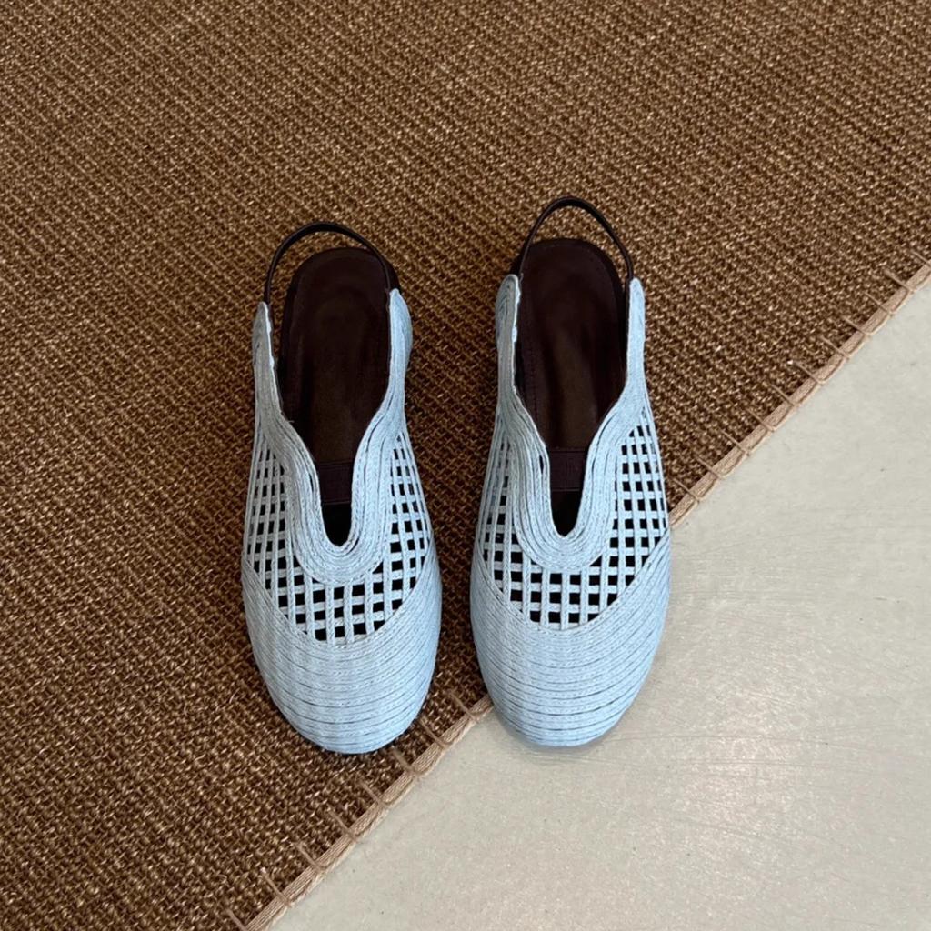 Vacation Wind 2025 Summer Bohemian Woven Mesh Soft Leather Bag Head Elastic After Hollow Flat Women's Sandals Breathable