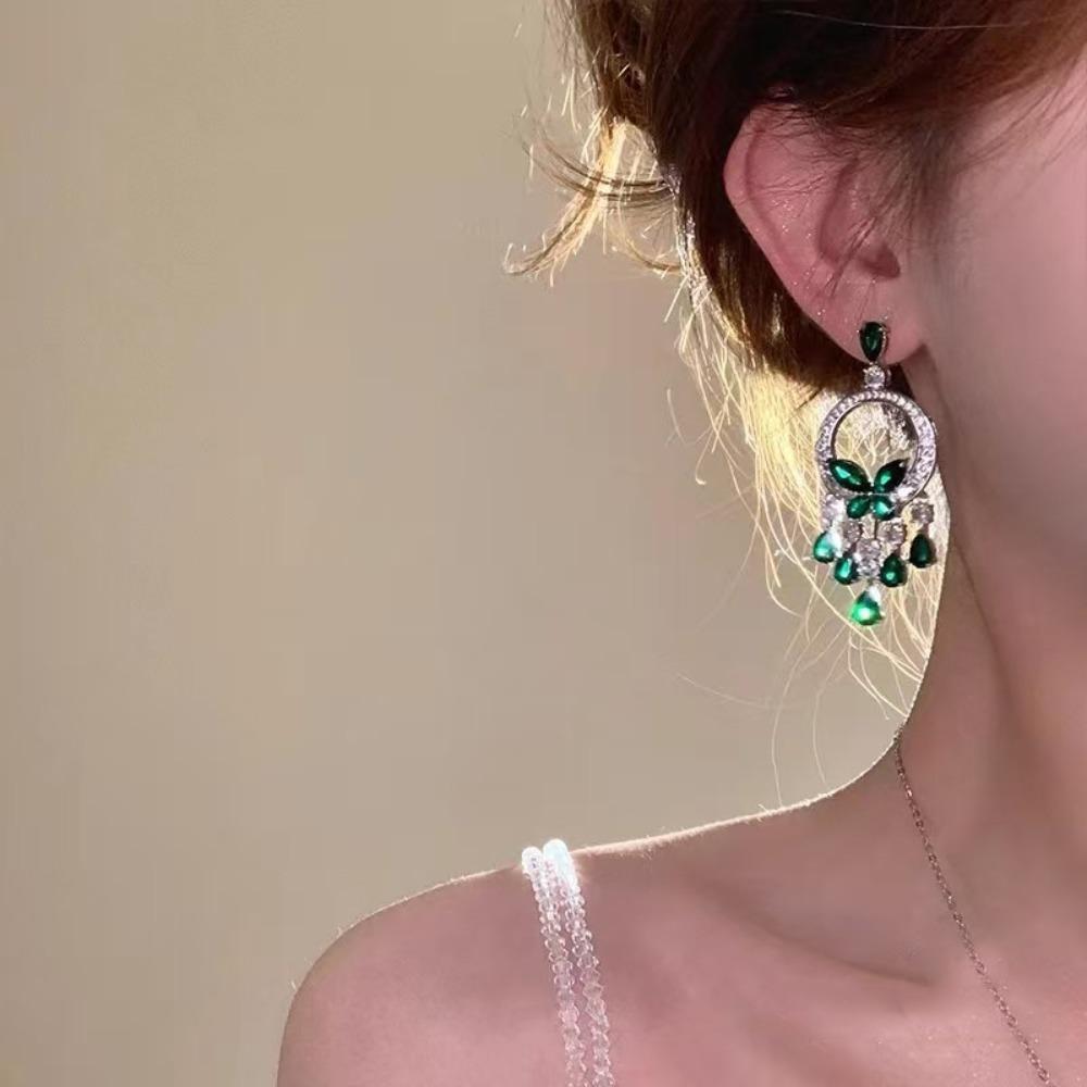 Französisches Vintage Smaragd Schmetterling Quaste Ohrringe und Halsketten Set mit Mikroeinlage Zirkonia für Damen