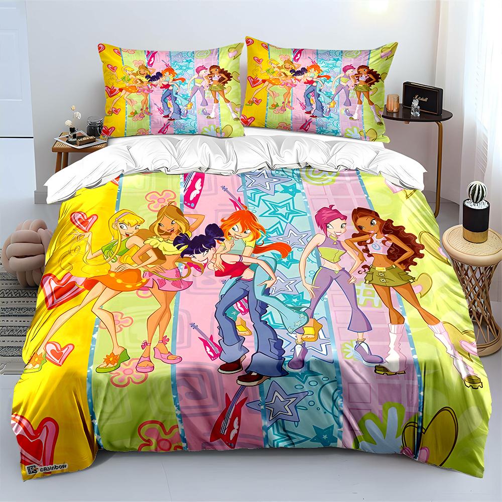 Beautiful Girls W-winx Cartoon Pattern Duvet Cover Set Digital Print Colorful Polyester Bedding with Zipper Closur for Kids Gift