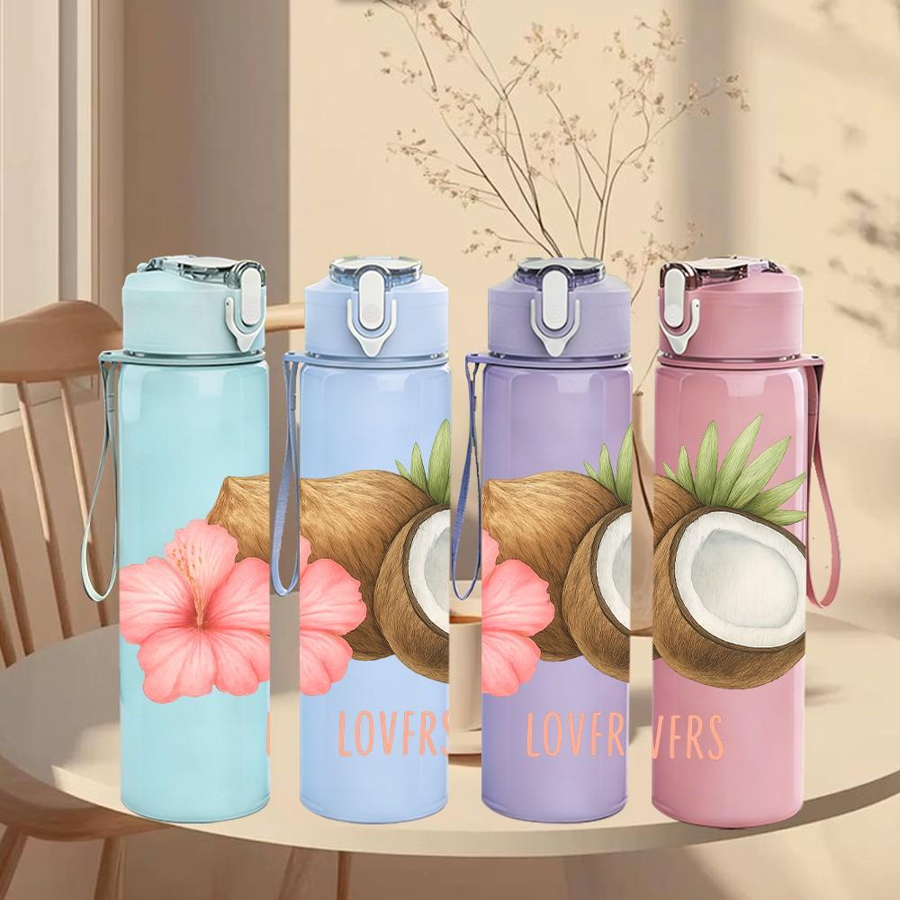 1PC Hibiscus Coconut Tropical Print 750ml Color Plastic Sports Water Bottle Leakproof Flip Straw Lid For Sports Office Home Use