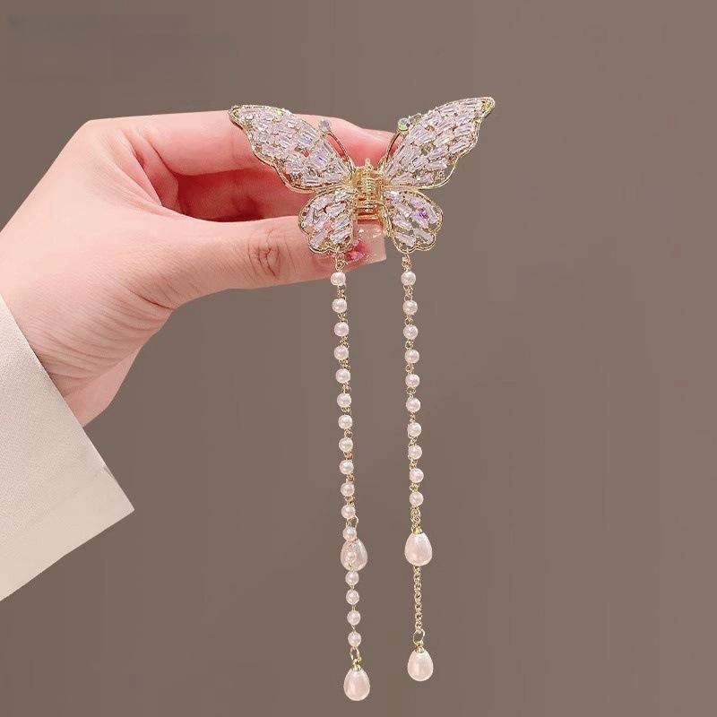 Summer Pearl Rhinestone Metal Butterfly Tassel Grab Clip Back of Head Ponytail Hairpin Women's Headdress Clip Hairpin Claw Clip