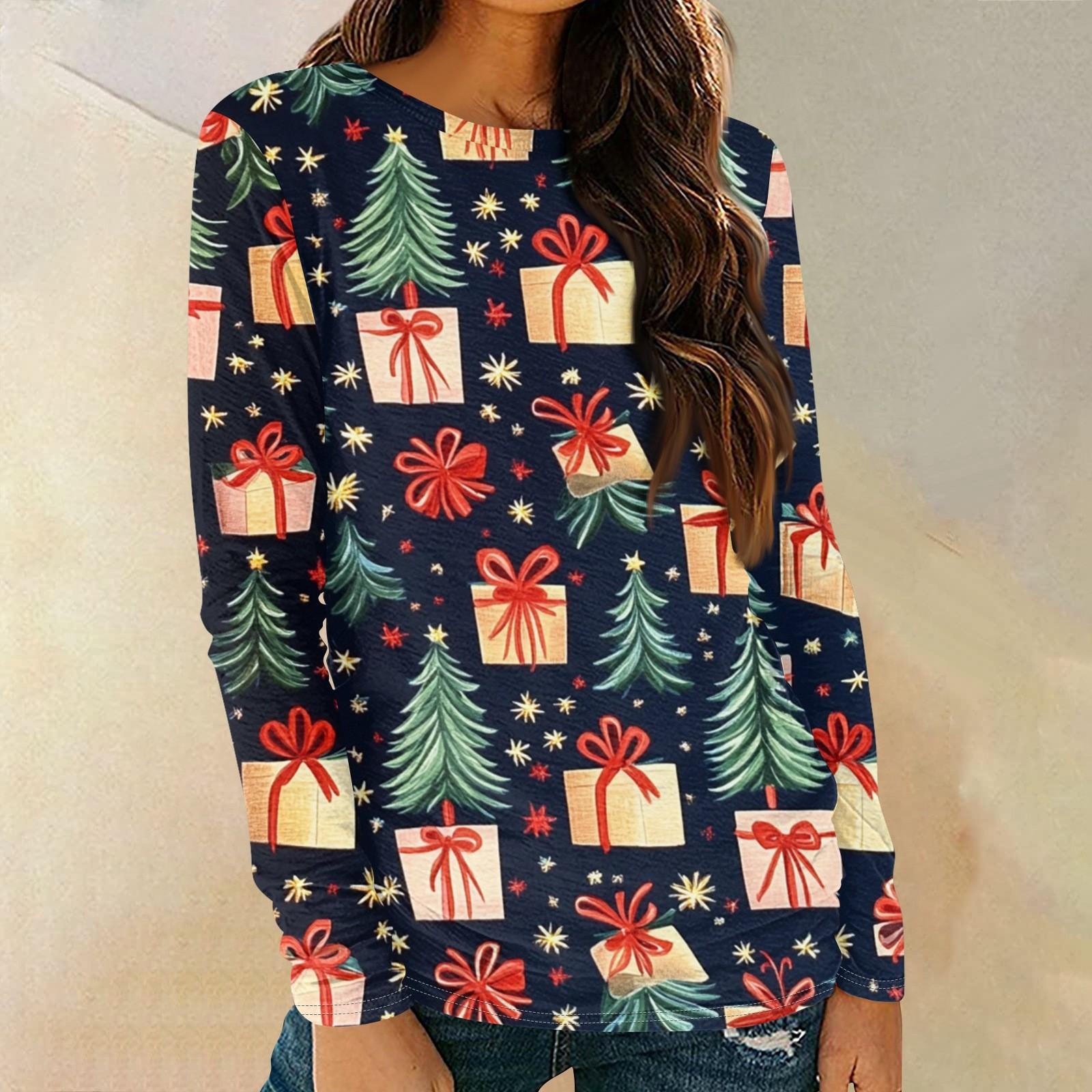 

Женская мода круглый вырез пуловер с глубокими рукавами футболка с рождественским принтом топ XXXL