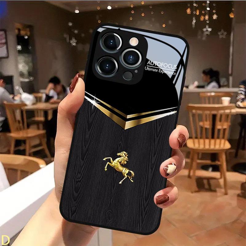 Black Gold Horse Pattern Tempered Glass Black Phone Case For iPhone 17 16 15 14 13 12 11 Pro Max 17 Air 7 8 Plus XR XS X Cover