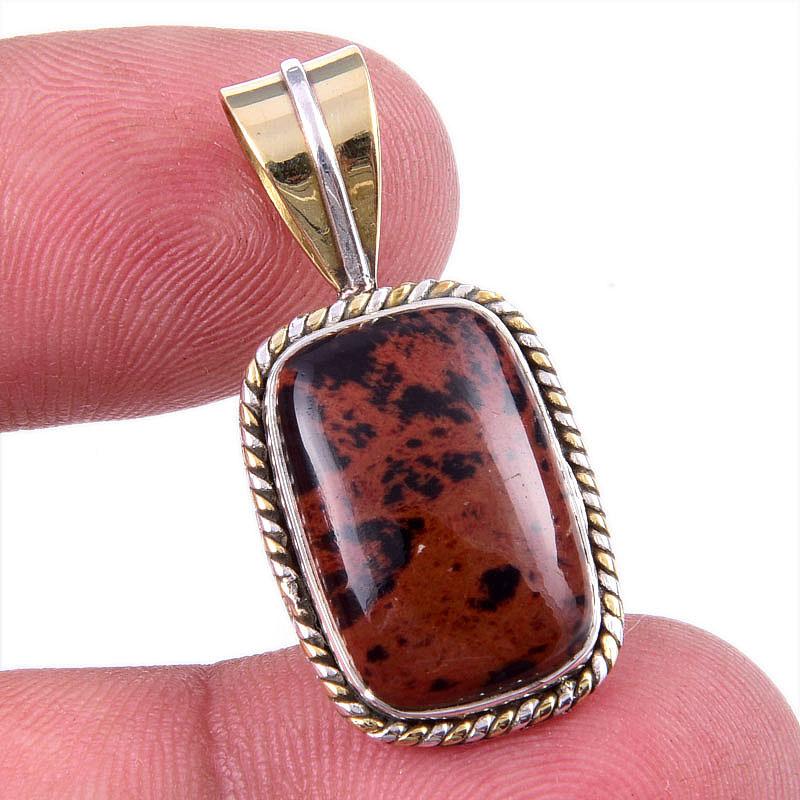 

Natural Mahogany Obsidian Gemstone 925 Solid Silver Two Tone Pendant 1.25 d1B97