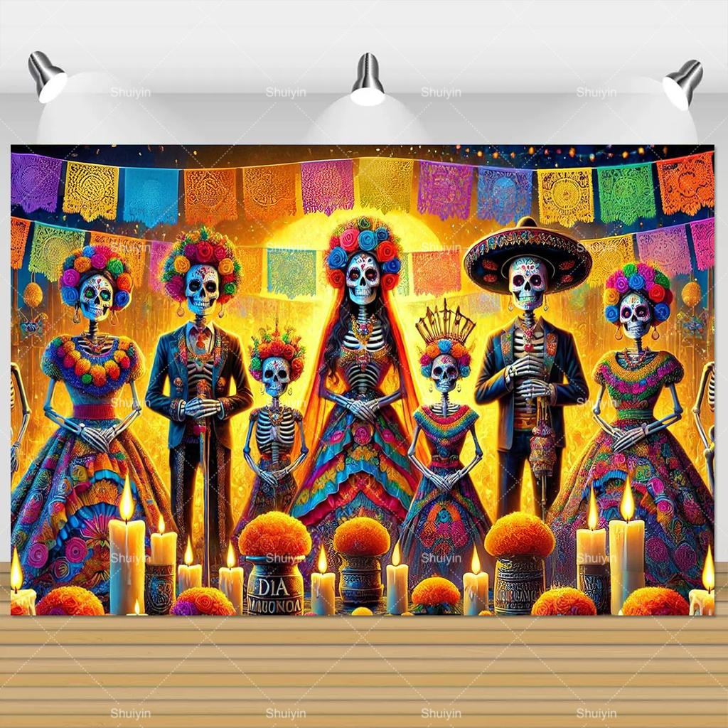 Day Of The Dead Photography Backdrop Skull Marigold Mexican Fiesta Día De Los Muertos Decoration Party Supply Photo Studio Props