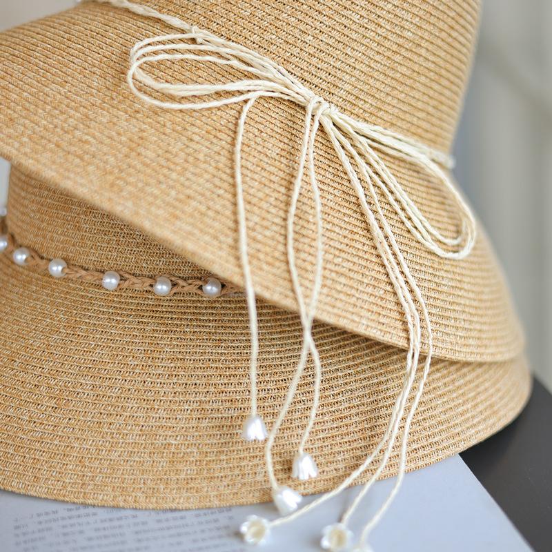 French Pearl Straw Rope Bow Holiday Bucket Hat Elegant Versatile Beach Sun Protection Folding Hat Summer