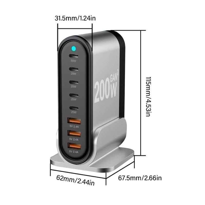 Aluminum Alloy Desktop Stand Charging Adapter 200W Charger with 3xUSB and 5xType C Interfaces for Multiple Devices
