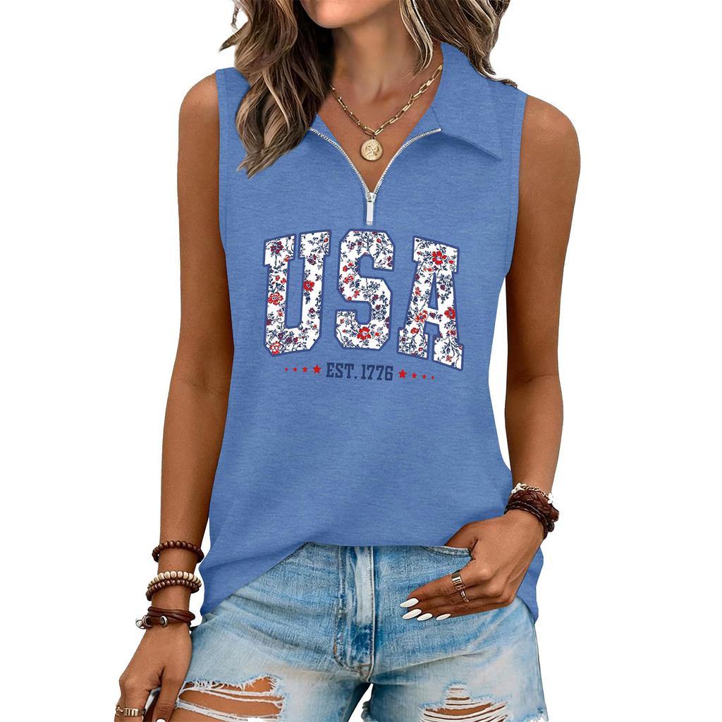 Women's Fashion Letter Print Zip-Up Sleeveless Tank Top
