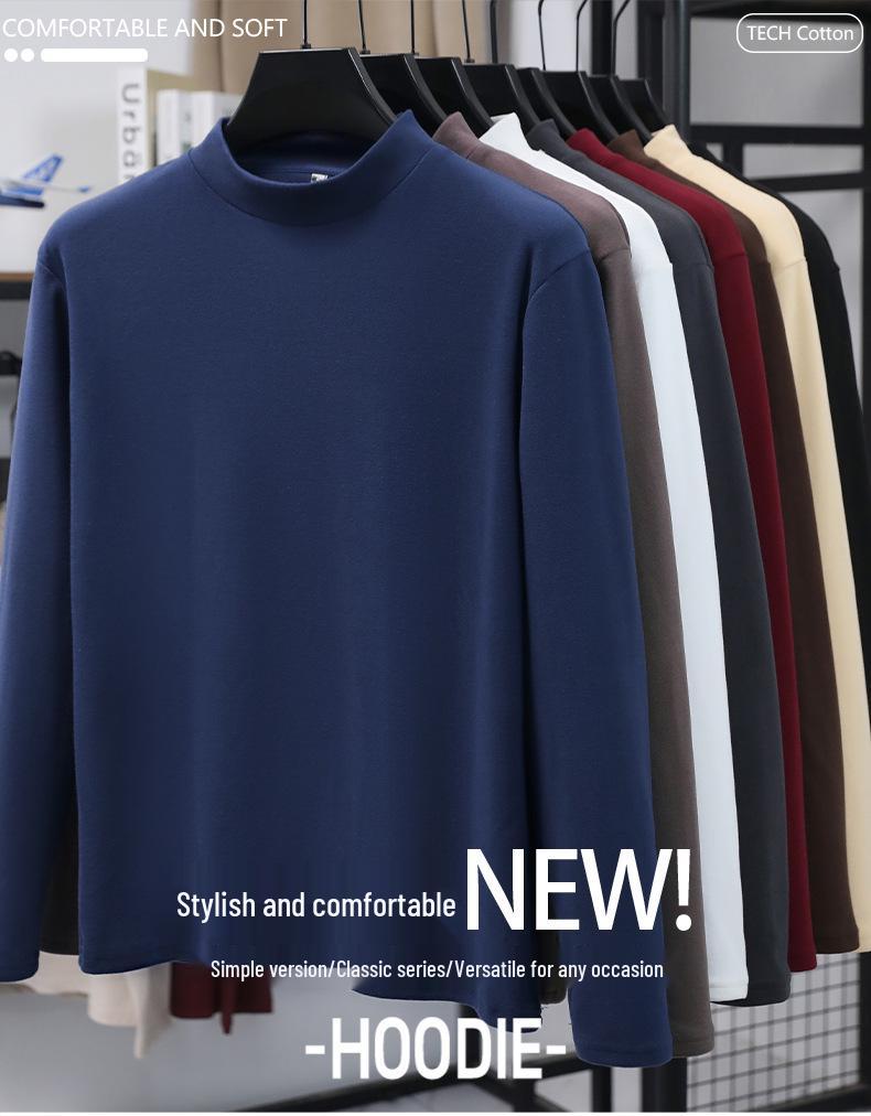 Men's Slim Fit Double-Sided Plush Base Layer Shirt, Solid Color, Half-High Collar, Long Sleeve, Thickened Warm Inner Wear for Autumn & Winter