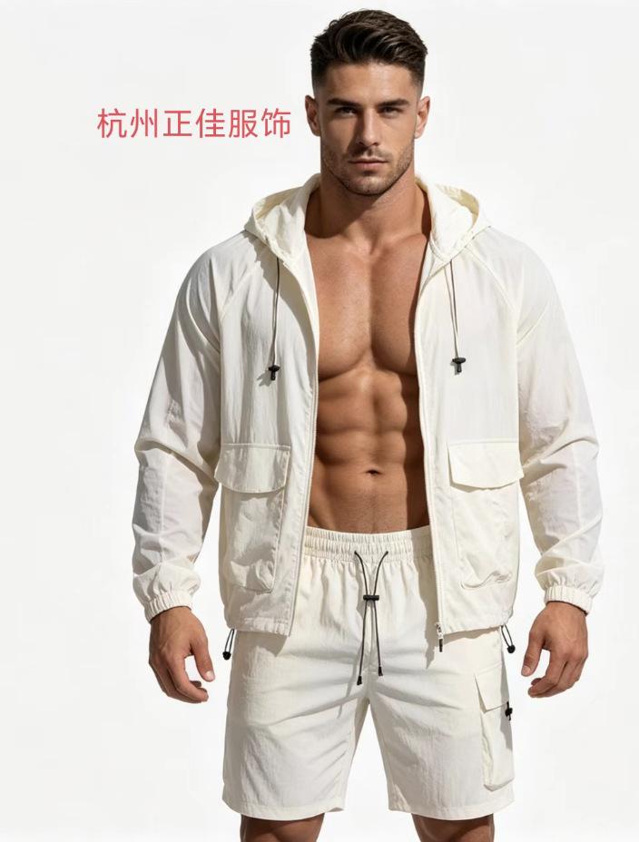 Conjunto de Dos Piezas para Hombre con Sudadera con Capucha, Chaqueta Protectora del Sol y Pantalones Cortos