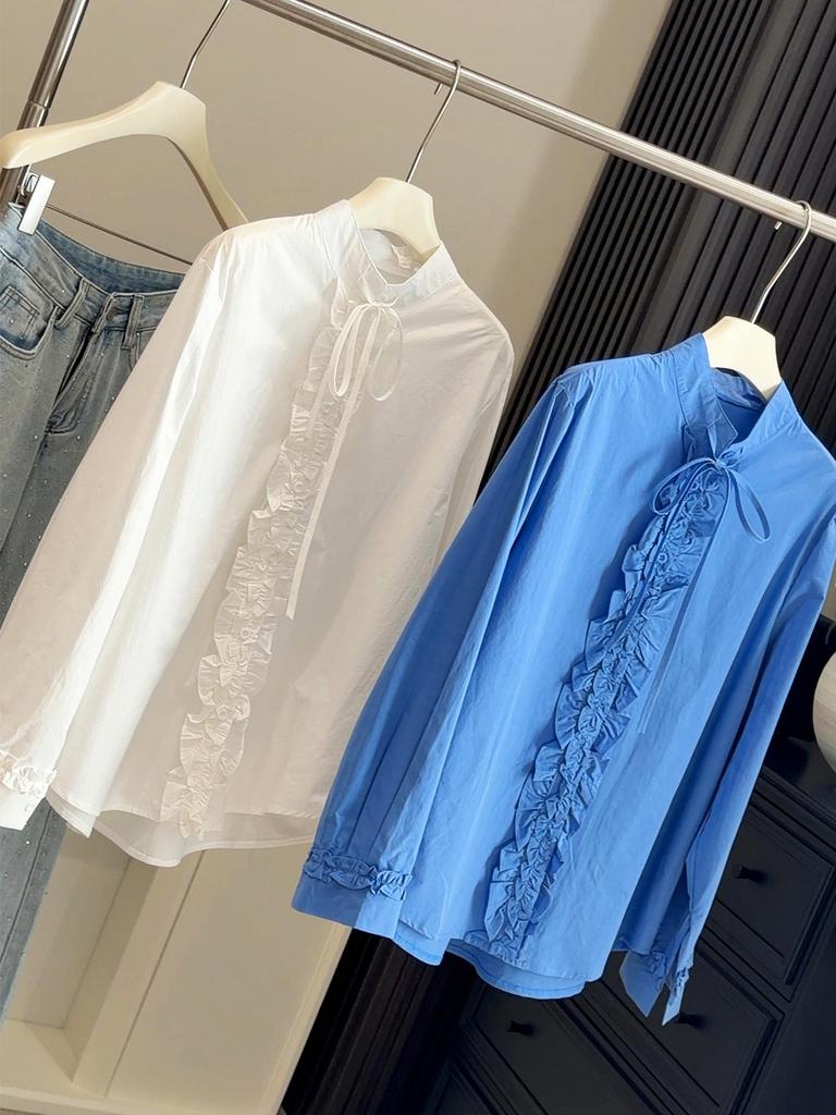 Women's Korean-Style Ruffled Tie-Up Stand Collar Loose Shirt - Spring 2026 Fashion 