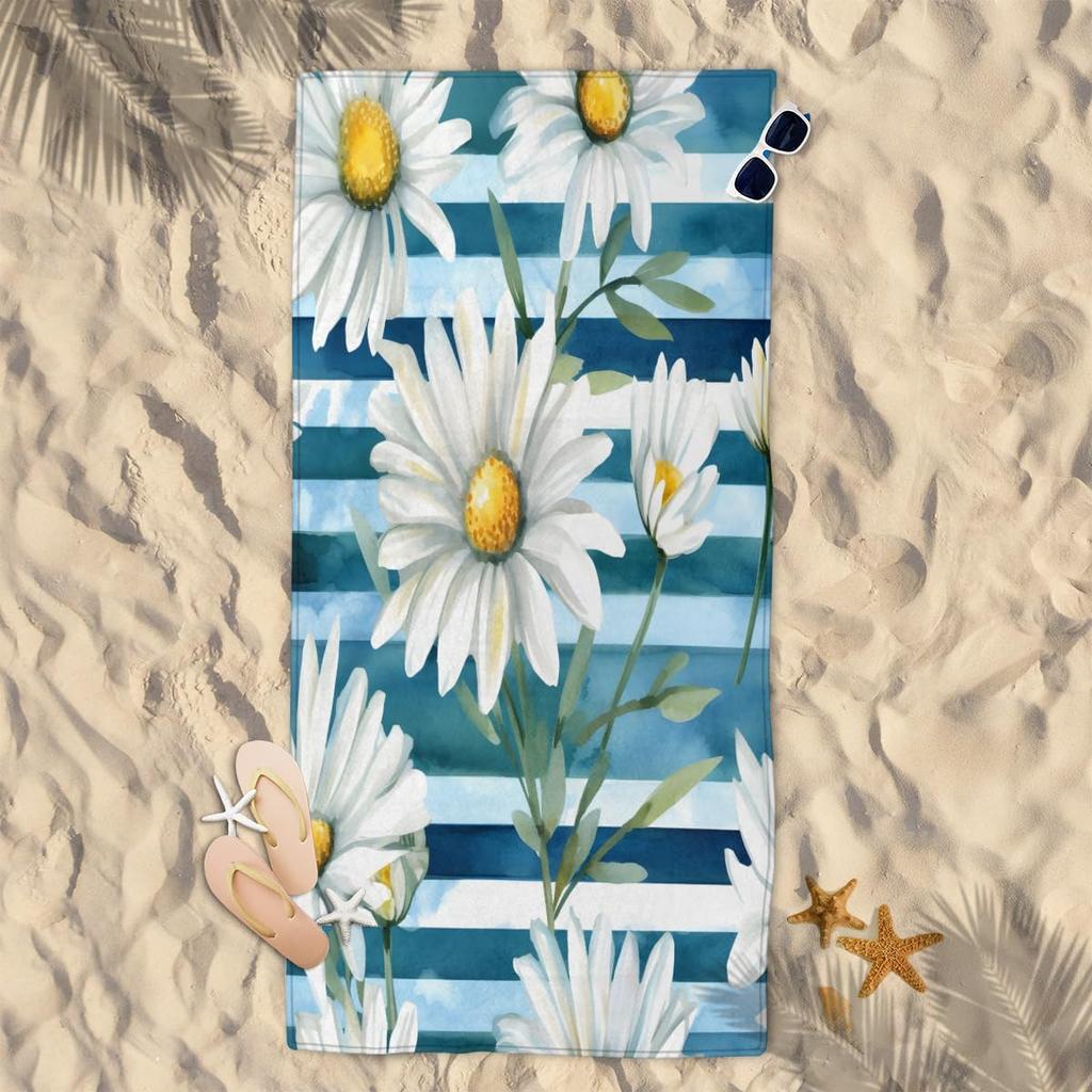 Watercolor Daisy & Blue Stripe Microfiber Beach Towel – Ultra Soft Quick Dry Sand Free Oversized for Adults Perfect for Pool