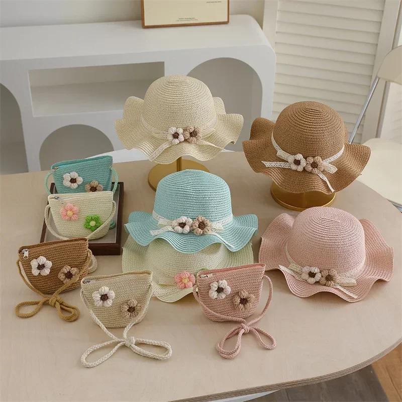 Summer Straw Hat and Bag Set for Girls 3D Flower Lace Bow Wide Brim Fisherman Cap and Crossbody Bag Cute Children's Sun Hat