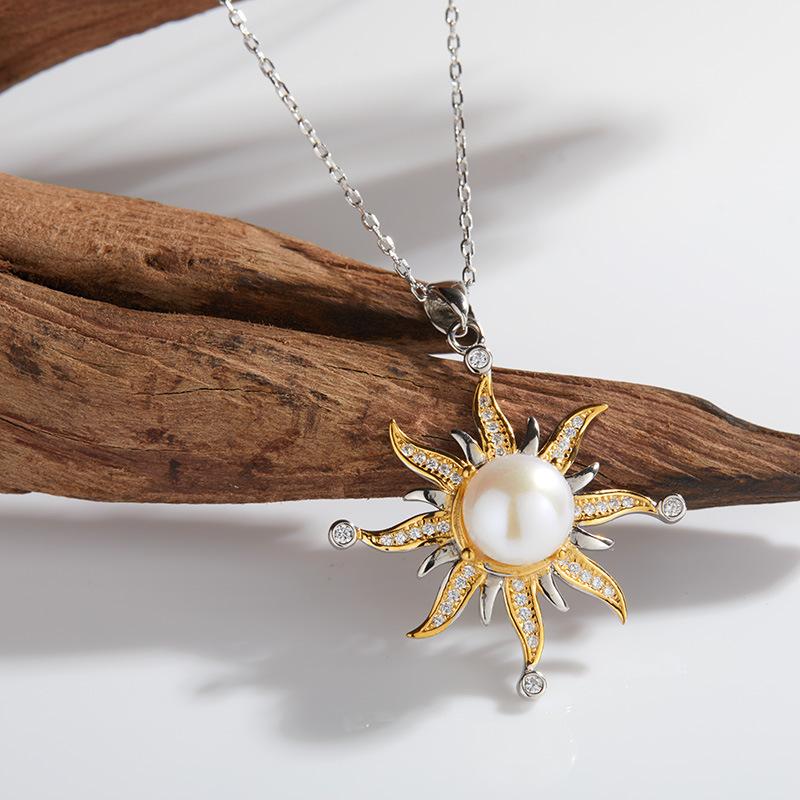 Schmuck Ohrringe S925 Sterlingsilber Naturperlen Halskette Damen Persönlichkeit Mode Sonnenblumen Anhänger