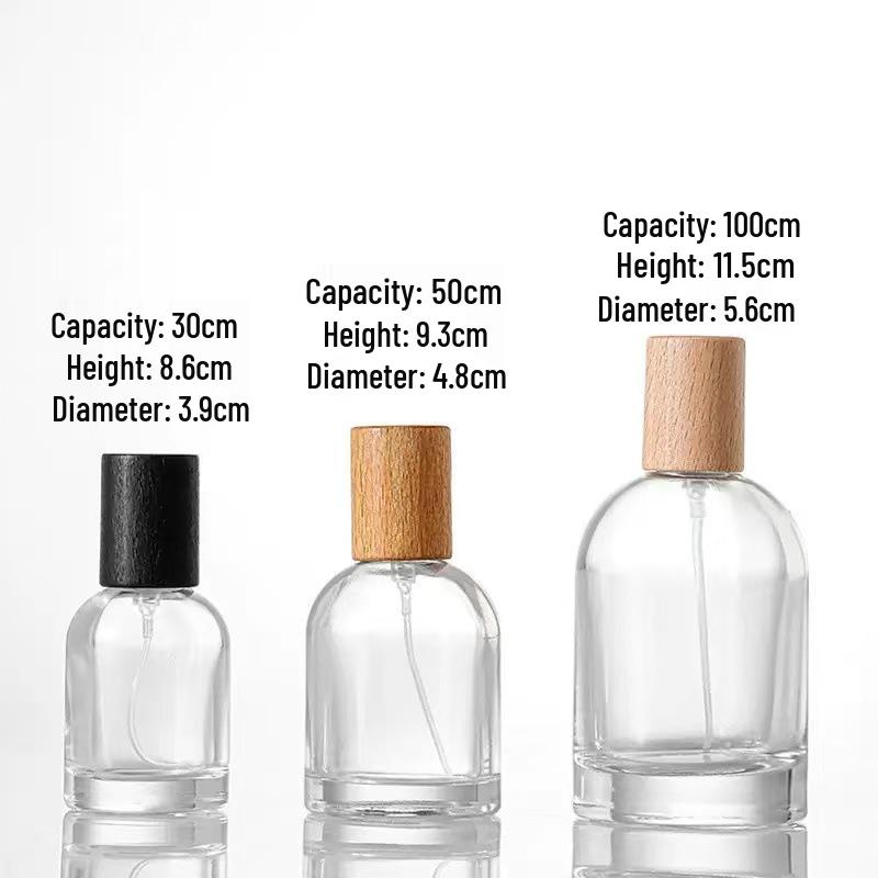 Transparent Glass Perfume Bottle with Beech Wood Lid - Cylindrical, Fine Mist Spray, Refillable 30ml; bare bottle; glass